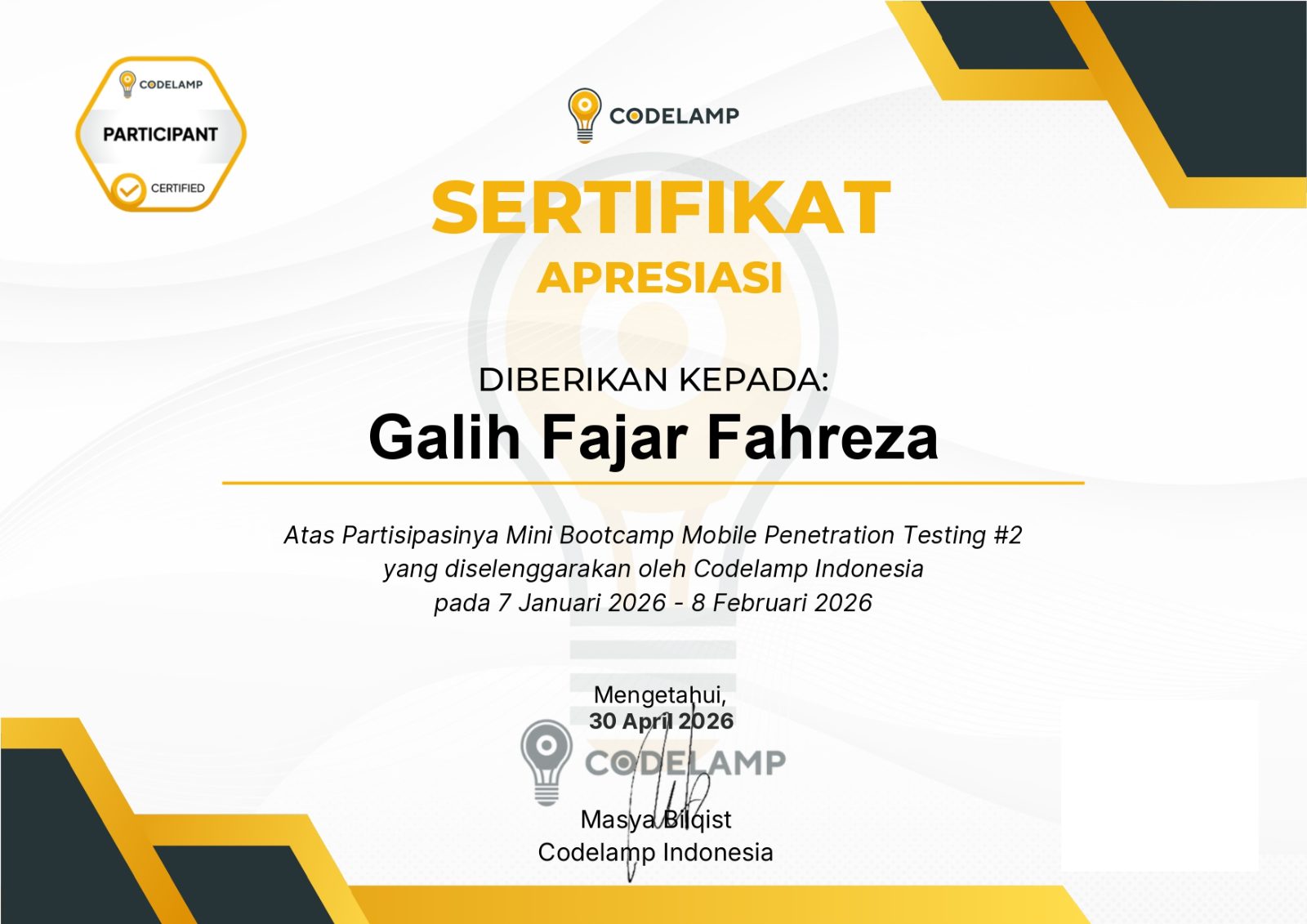 Certificate of appreciation from Codelamp Indonesia to Galih Fajar Fahreza for taking part in Mini Bootcamp Mobile Penetration Testing #2